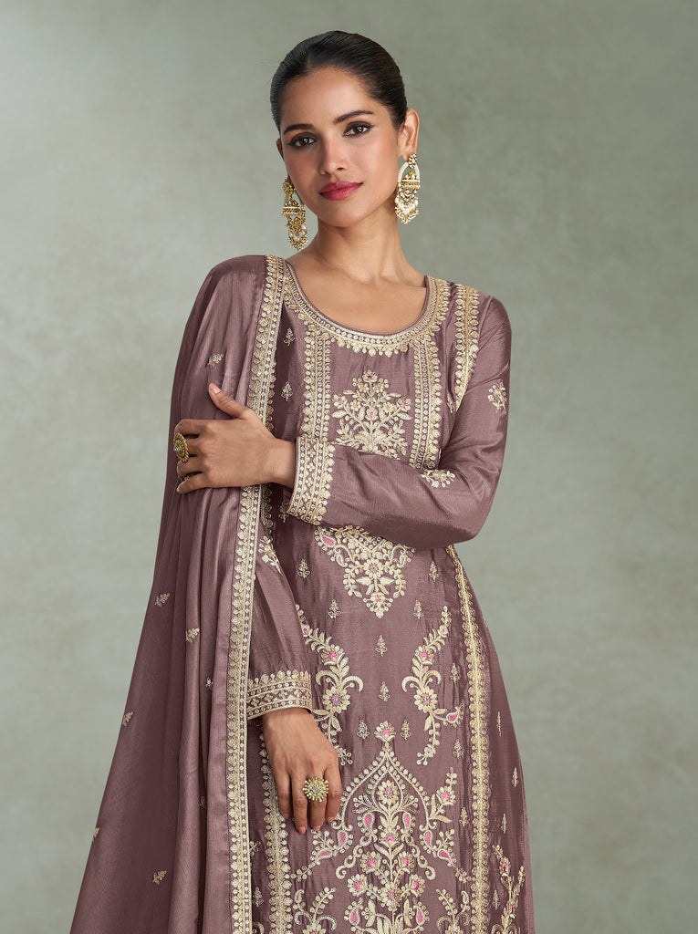 Deep Mauve Designer Embroidered Chinon Silk Party Wear Palazzo Suit
