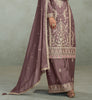 Deep Mauve Designer Embroidered Chinon Silk Party Wear Palazzo Suit