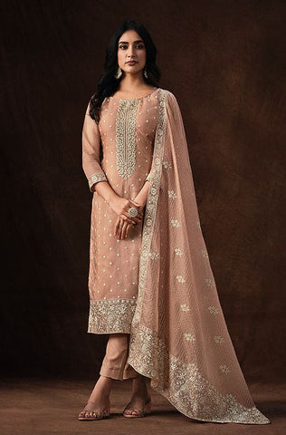 Champagne Pink Designer Embroidered Silk Wedding Saree