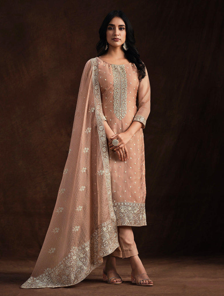 Desert Sand Embroidered Wedding Soft Organza Pant Suit-Saira's Boutique