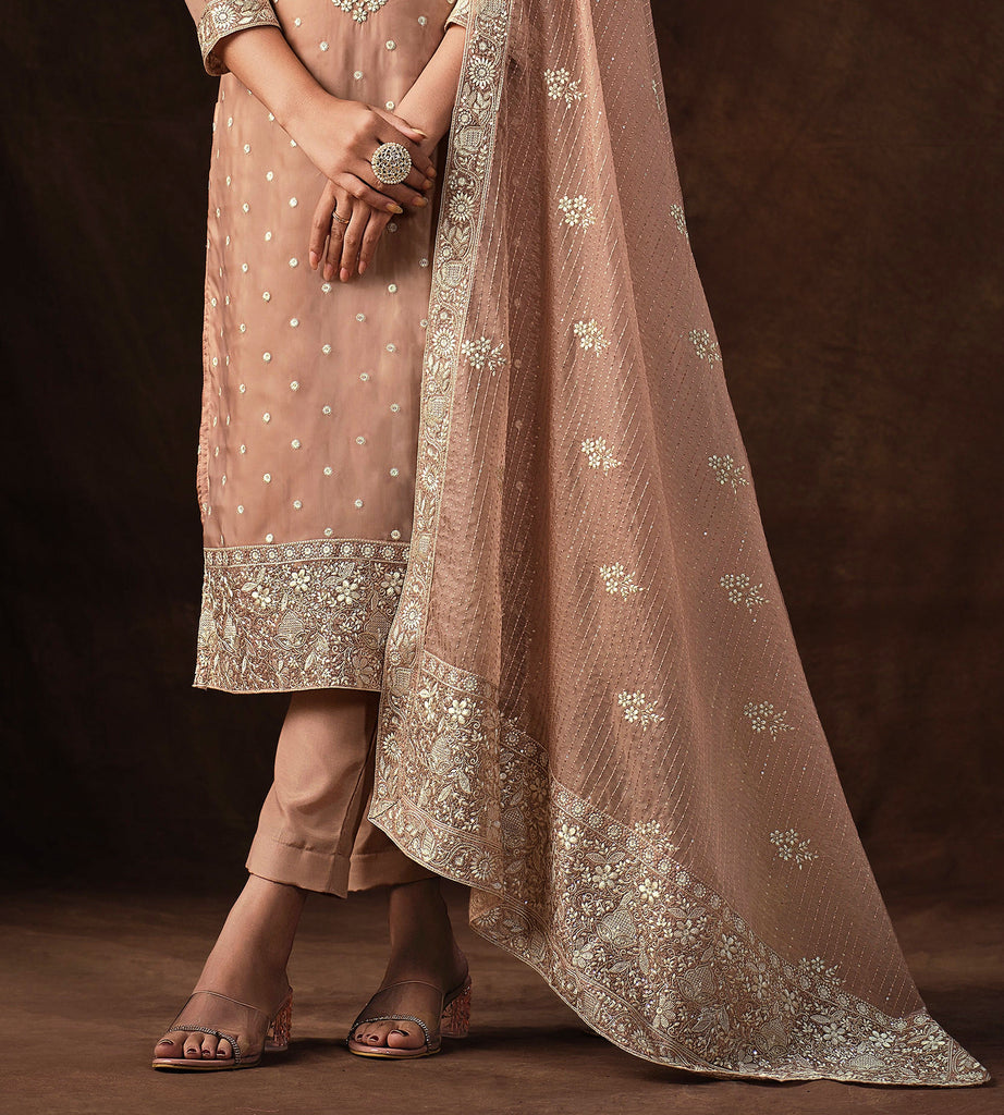 Desert Sand Embroidered Wedding Soft Organza Pant Suit-Saira's Boutique