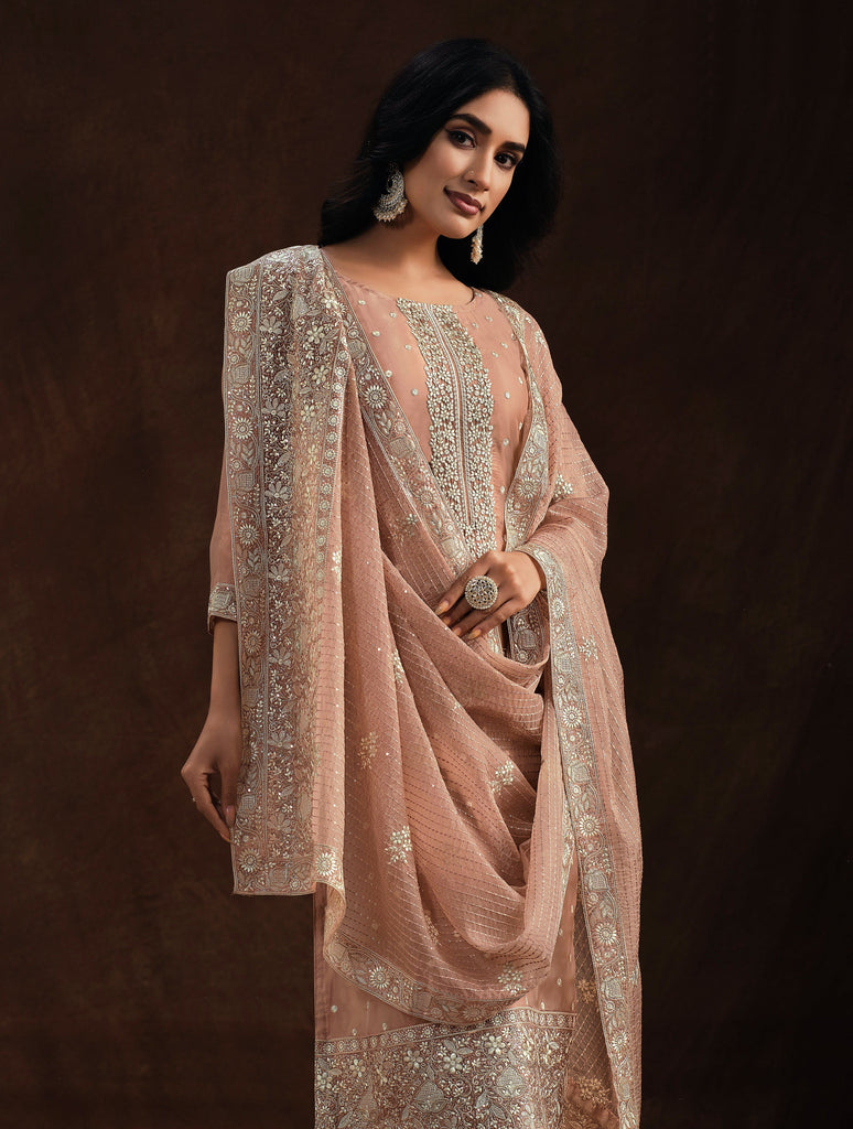 Desert Sand Embroidered Wedding Soft Organza Pant Suit-Saira's Boutique