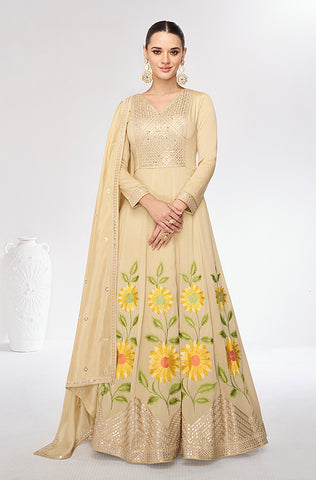 Cream Beige Designer Embroidered Georgette Floral Print Anarkali Gown