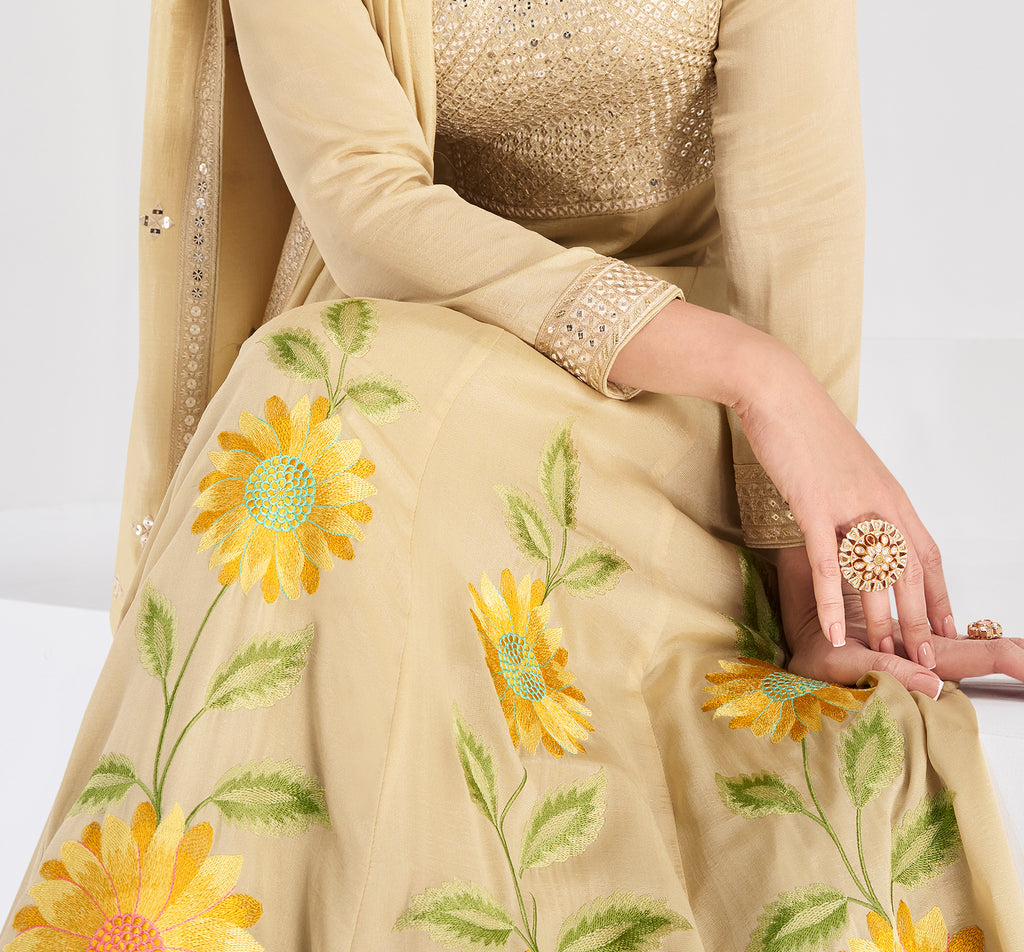 Dull Yellow Cream Designer Embroidered Party Wear Silk Anarkali Gown-Saira's Boutique