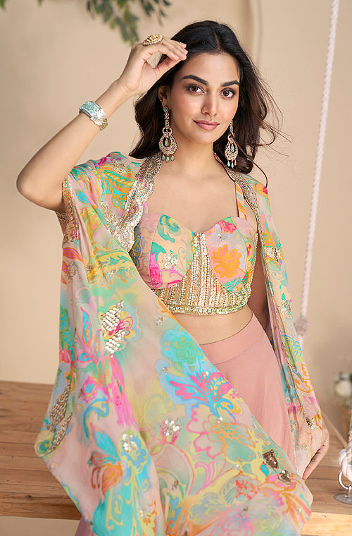 Dusty Blush Designer Embroidered Party Wear Palazzo Suit with Shrug-Saira's Boutique