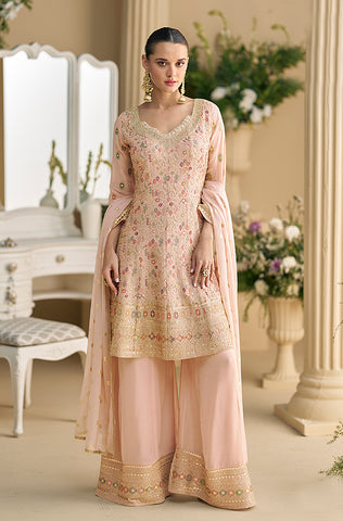 Purple Designer Embroidered Pure Georgette Wedding Palazzo Suit