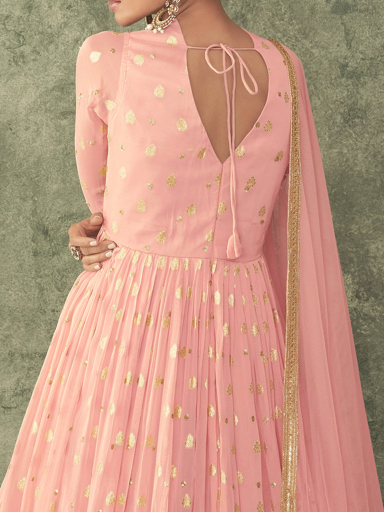 Dusty Pink Peach Designer Embroidered Viscose Silk Anarkali Suit-Saira's Boutique