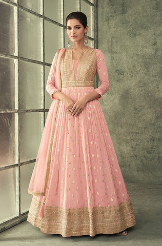 Champagne Pink Designer Embroidered Silk Wedding Saree