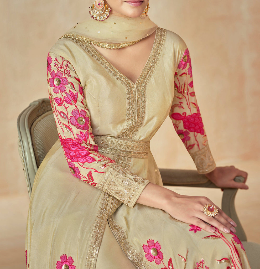 Gold Beige Designer Embroidered Premium Silk Anarkali Suit-Saira's Boutique