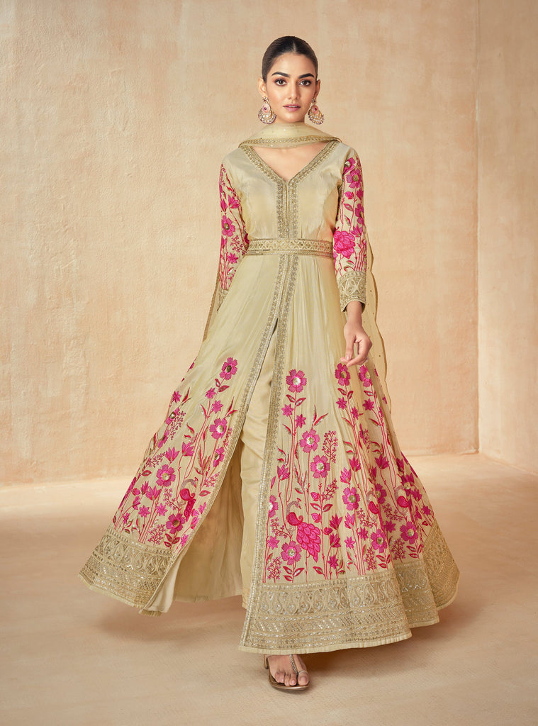 Gold Beige Designer Embroidered Premium Silk Anarkali Suit-Saira's Boutique
