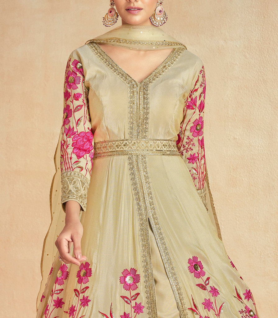 Gold Beige Designer Embroidered Premium Silk Anarkali Suit-Saira's Boutique