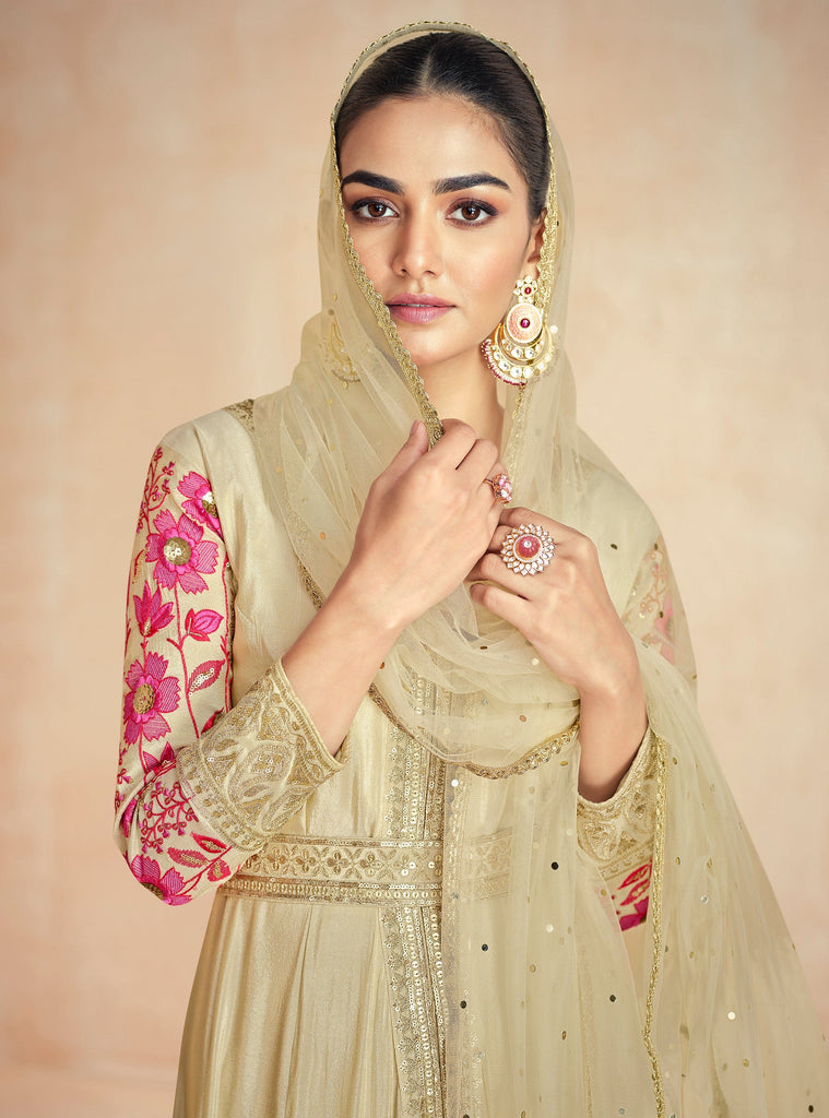 Gold Beige Designer Embroidered Premium Silk Anarkali Suit-Saira's Boutique