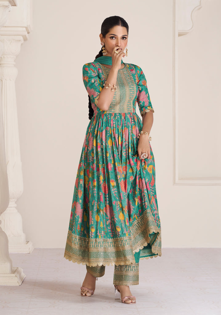 Green Designer Embroidered Party Wear Anarkali Suit-Saira's Boutique