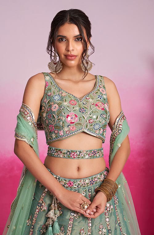 Green Designer Embroidered Wedding Bridal Net Lehenga Choli-Saira's Boutique