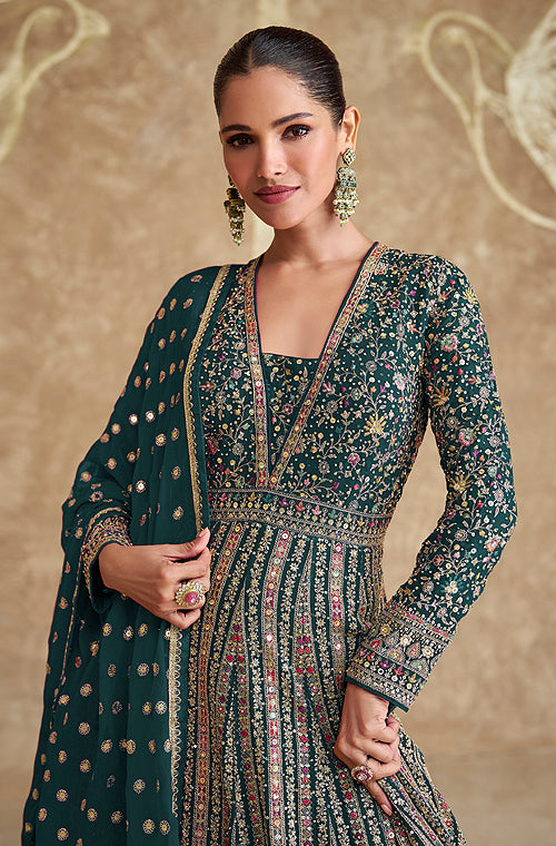 Green Designer Heavy Embroidered Georgette Wedding Anarkali Gown-Saira's Boutique