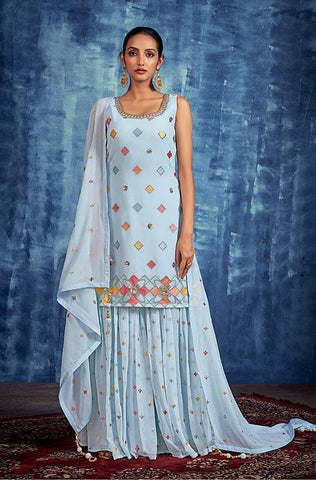 Teal Blue Designer Embroidered Georgette Wedding Sharara Suit