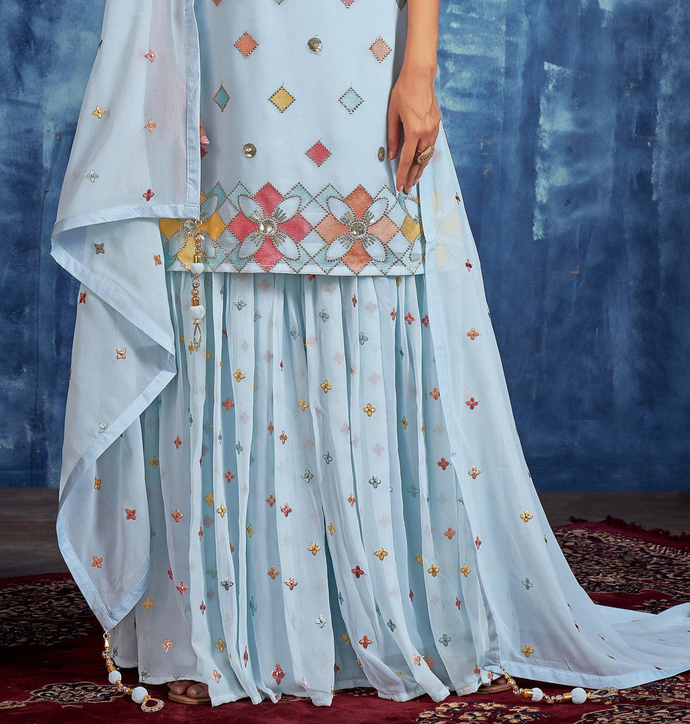 Light Blue Designer Embroidered Georgette Party Wear Sharara Suit-Saira's Boutique