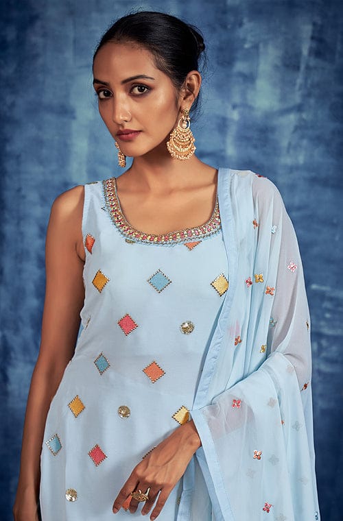 Light Blue Designer Embroidered Georgette Party Wear Sharara Suit-Saira's Boutique