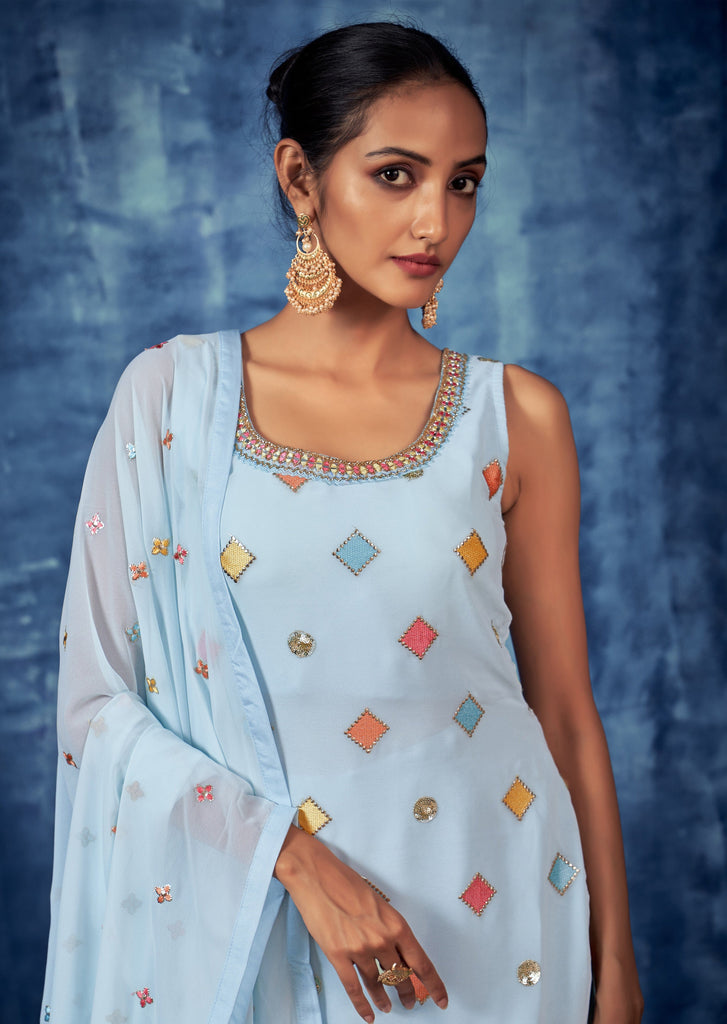 Light Blue Designer Embroidered Georgette Party Wear Sharara Suit-Saira's Boutique