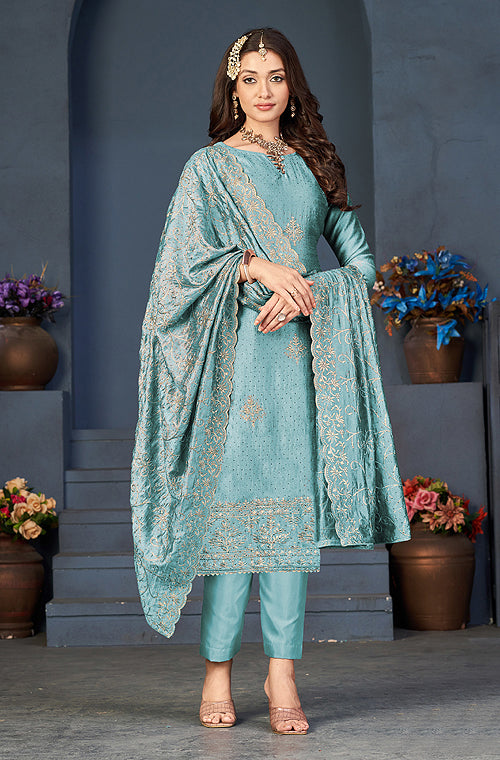 Light Blue Designer Embroidered Party Wear Silk Pant Suit