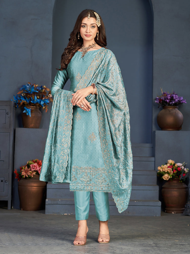 Light Blue Designer Embroidered Party Wear Silk Pant Suit-Saira's Boutique