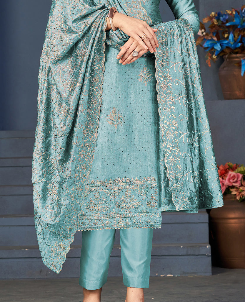 Light Blue Designer Embroidered Party Wear Silk Pant Suit-Saira's Boutique