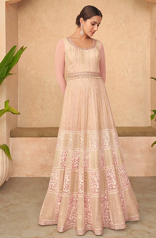 Peach anarkali flared dress with embroidered organza dupatta - set of two  by The Anarkali Shop | The Secret Label
