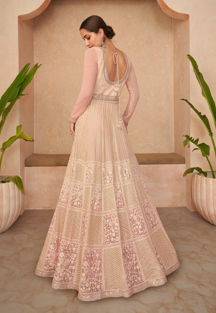 Light Cream Peach Designer Embroidered Georgette Anarkali Gown-Saira's Boutique