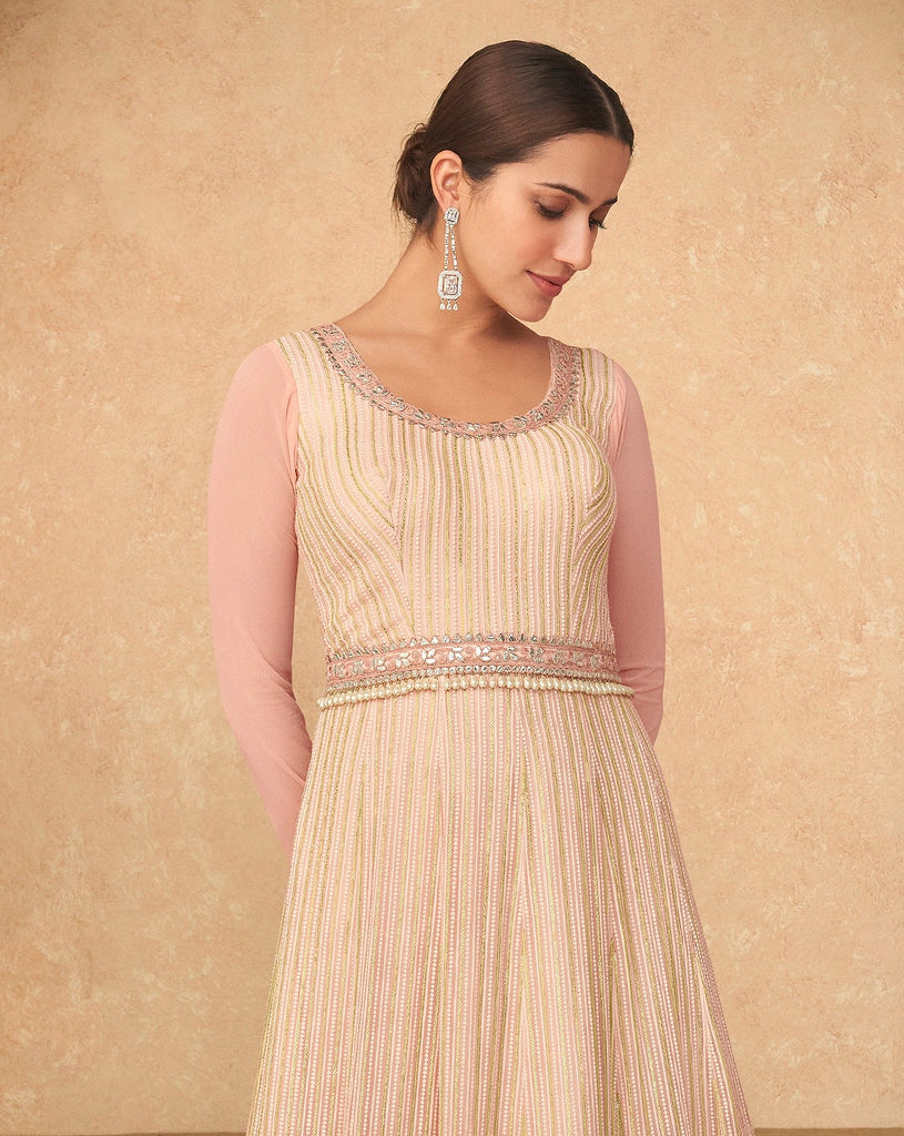 Light Cream Peach Designer Embroidered Georgette Anarkali Gown-Saira's Boutique