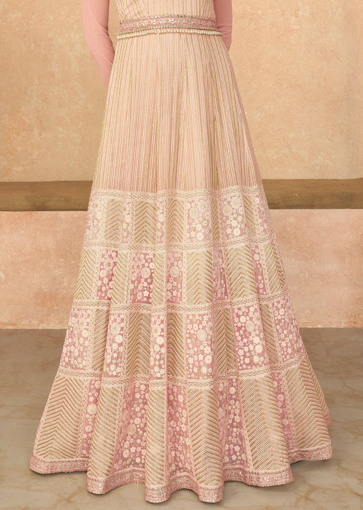 Light Cream Peach Designer Embroidered Georgette Anarkali Gown-Saira's Boutique