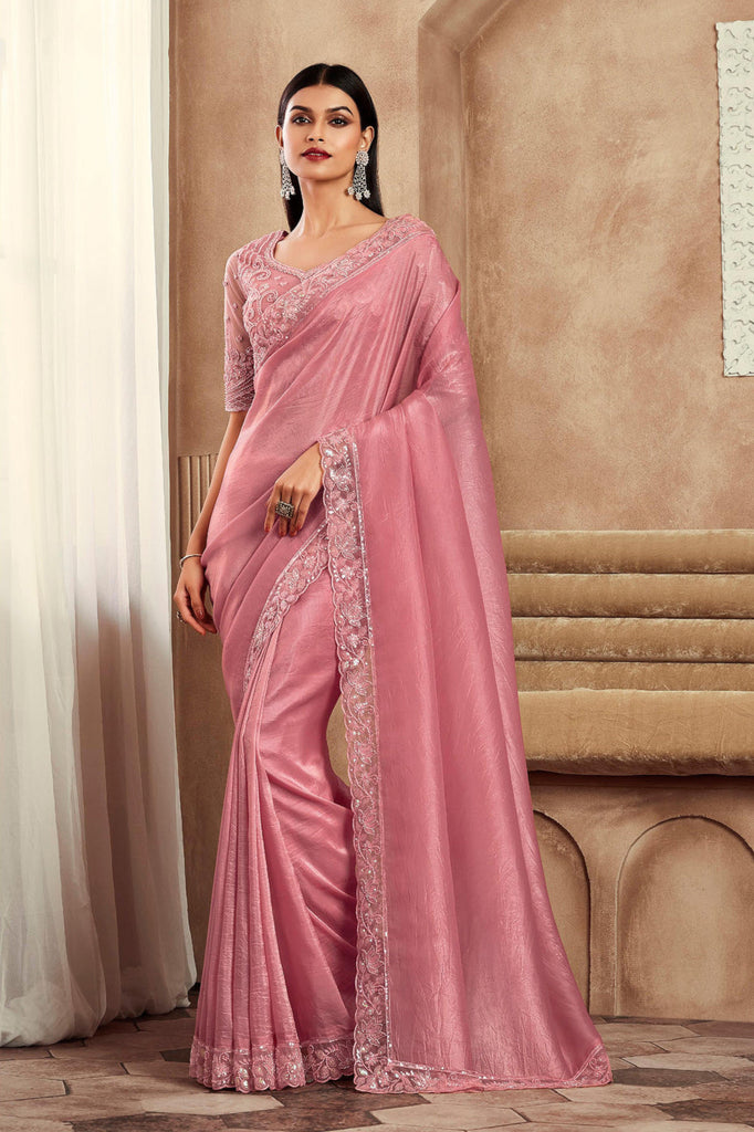 Light Flamingo Pink Designer Embroidered Silk Wedding Party Wear Saree-Saira's Boutique
