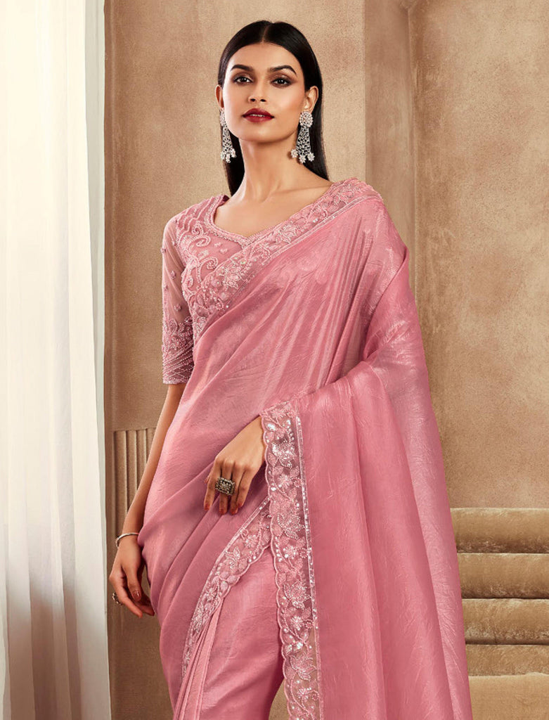 Light Flamingo Pink Designer Embroidered Silk Wedding Party Wear Saree-Saira's Boutique