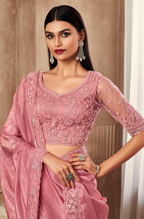 Light Flamingo Pink Designer Embroidered Silk Wedding Party Wear Saree