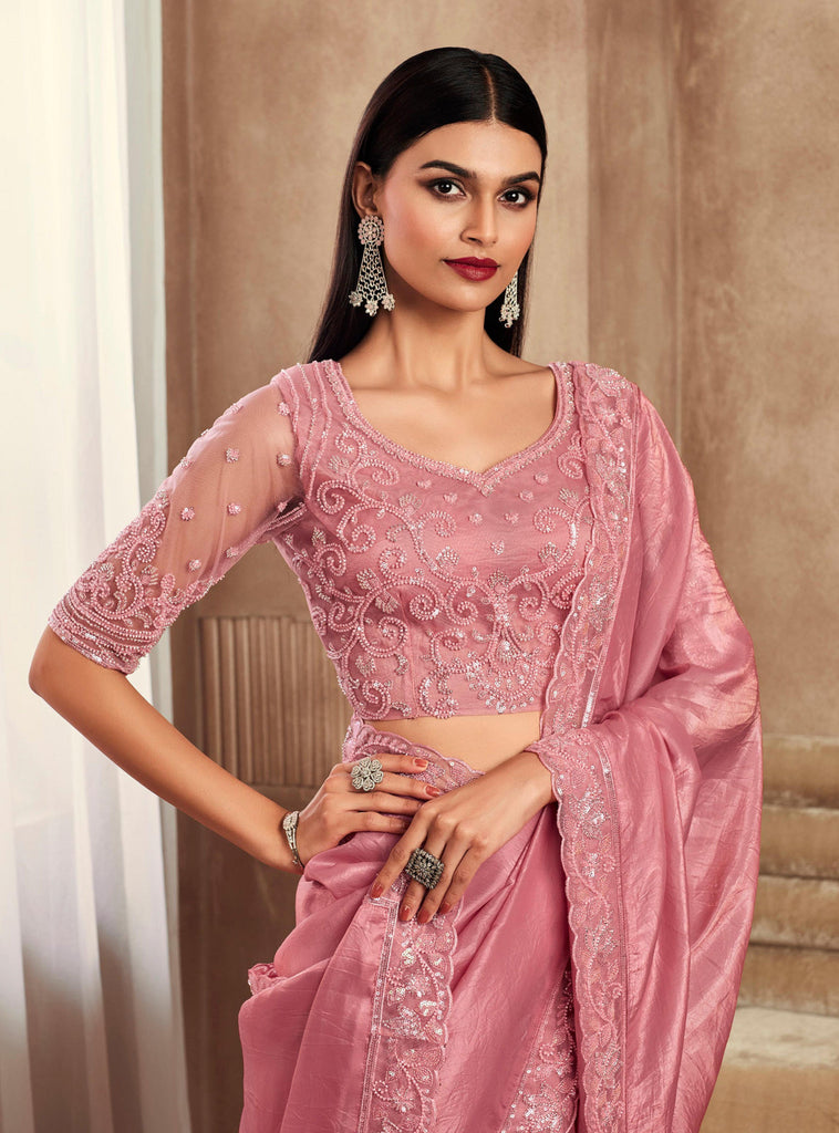 Light Flamingo Pink Designer Embroidered Silk Wedding Party Wear Saree-Saira's Boutique