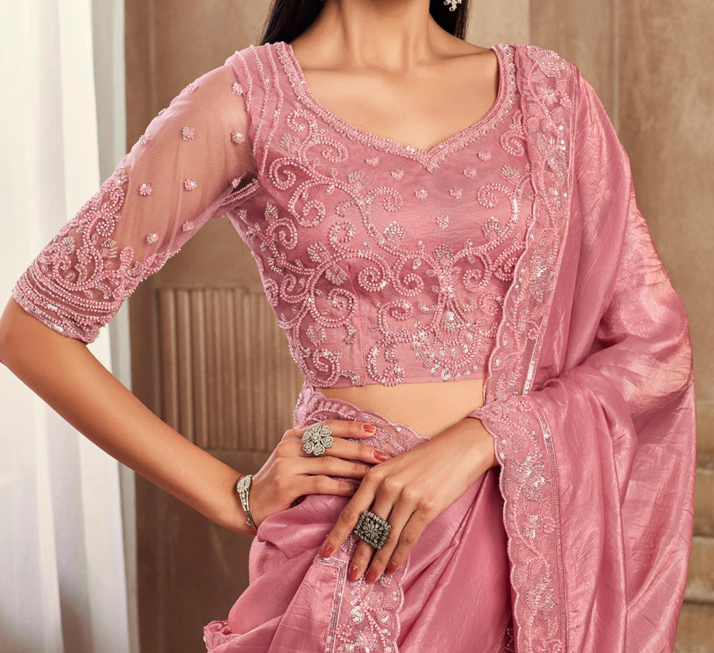 Light Flamingo Pink Designer Embroidered Silk Wedding Party Wear Saree-Saira's Boutique