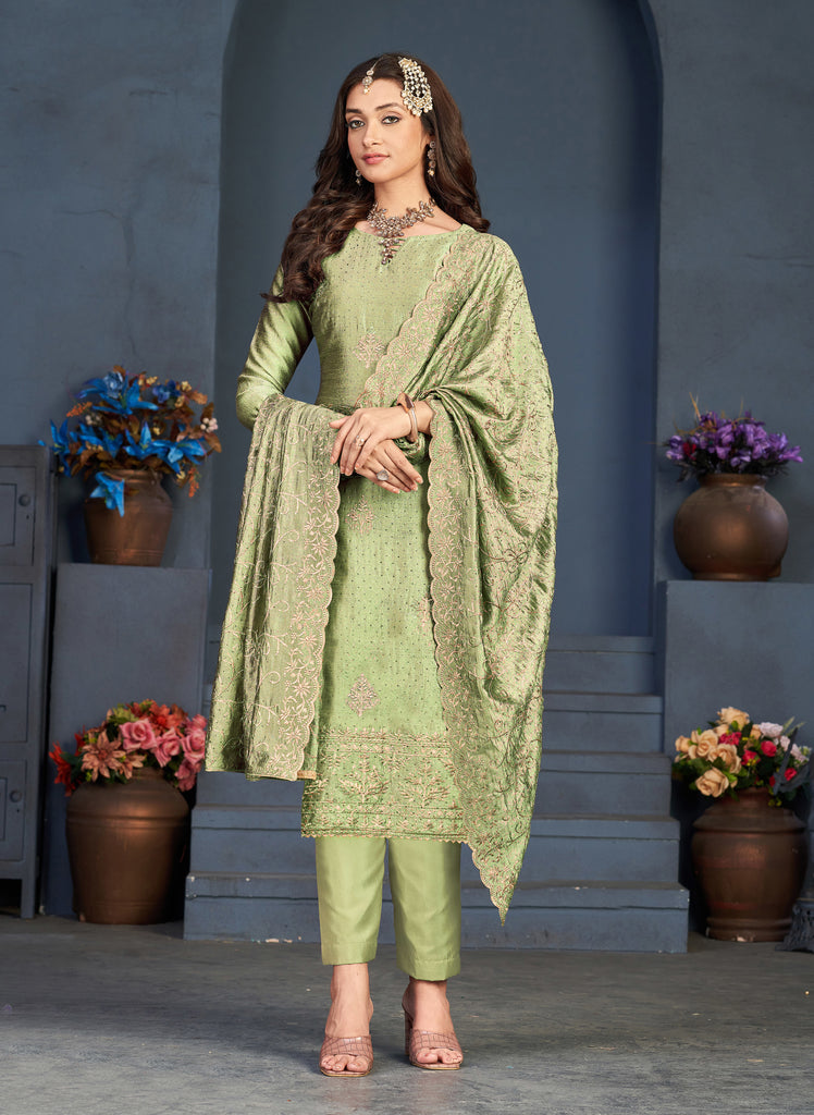 Light Olive Green Designer Embroidered Party Wear Silk Pant Suit-Saira's Boutique