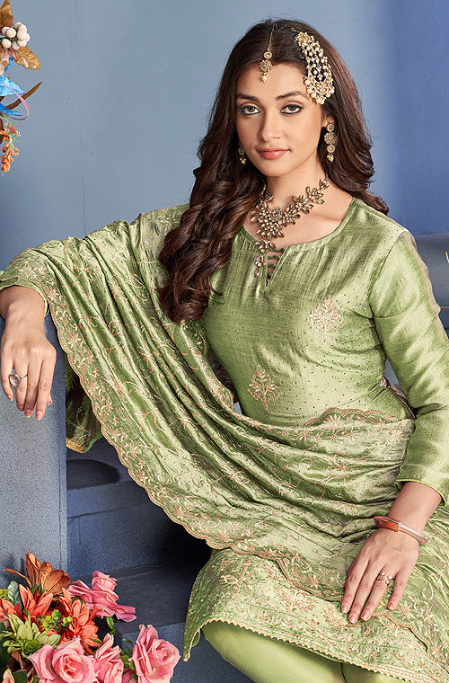 Light Olive Green Designer Embroidered Party Wear Silk Pant Suit-Saira's Boutique