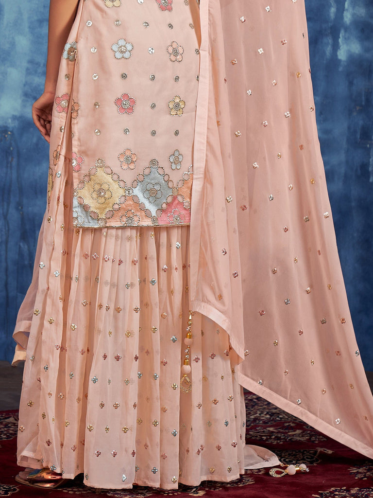 Light Peach Designer Embroidered Georgette Party Wear Sharara Suit-Saira's Boutique