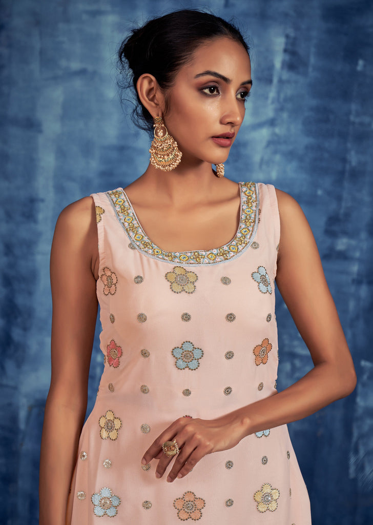 Light Peach Designer Embroidered Georgette Party Wear Sharara Suit-Saira's Boutique