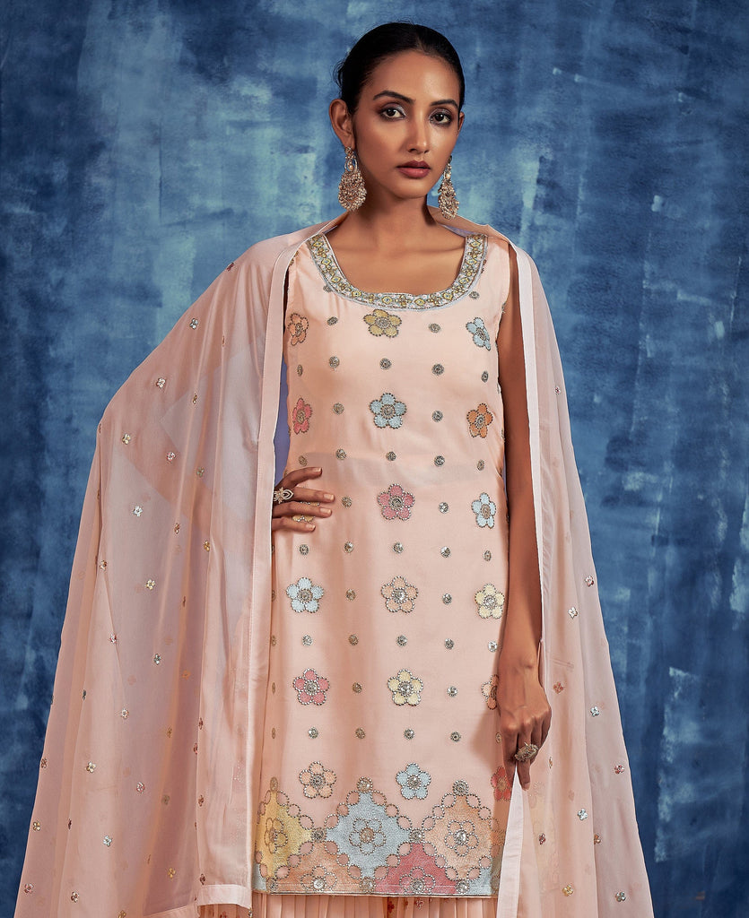 Light Peach Designer Embroidered Georgette Party Wear Sharara Suit-Saira's Boutique