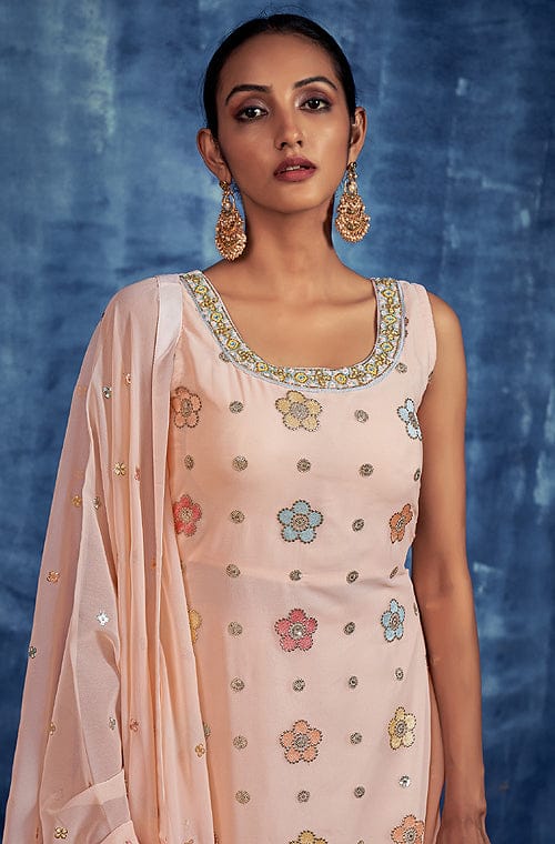 Light Peach Designer Embroidered Georgette Party Wear Sharara Suit-Saira's Boutique