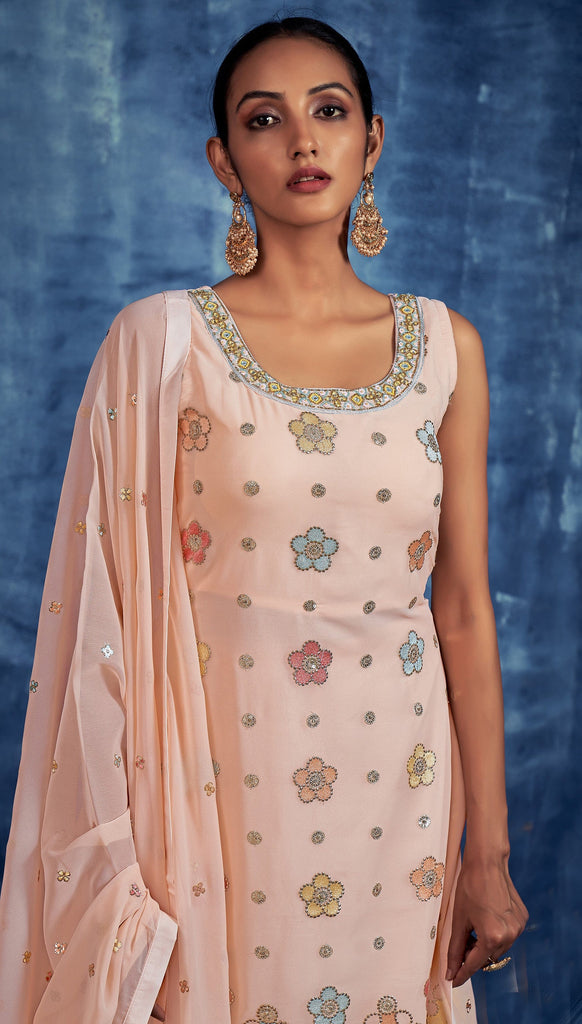 Light Peach Designer Embroidered Georgette Party Wear Sharara Suit-Saira's Boutique