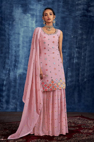 Pale Mustard Designer Embroidered Heavy Chinon Party Wear Sharara Suit