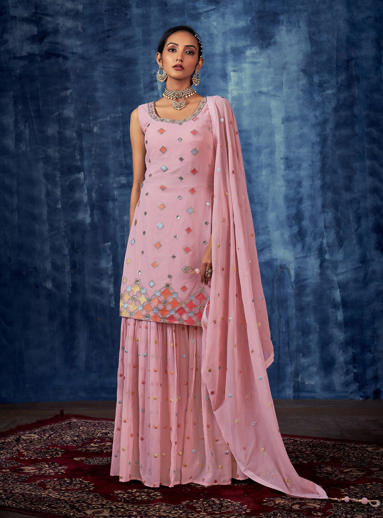 Light Pink Designer Embroidered Georgette Party Wear Sharara Suit-Saira's Boutique