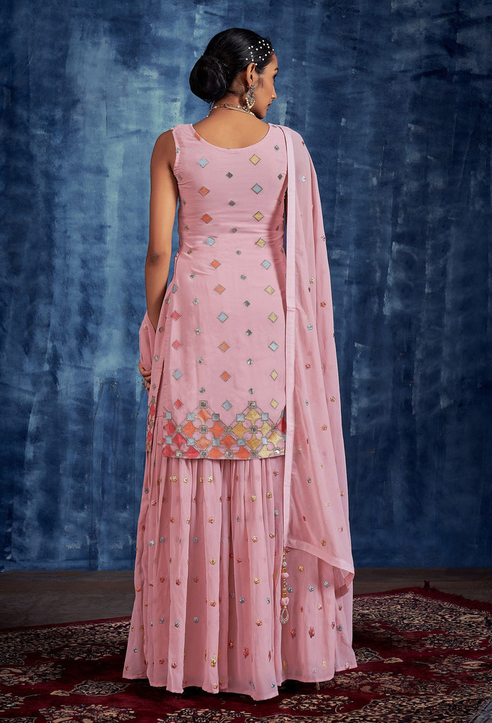 Light Pink Designer Embroidered Georgette Party Wear Sharara Suit-Saira's Boutique