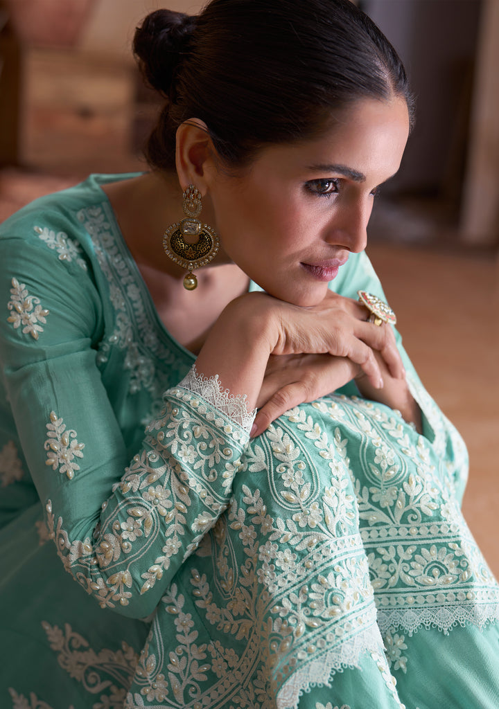 Light Sea Green Designer Embroidered Party Wear Sharara Suit-Saira's Boutique