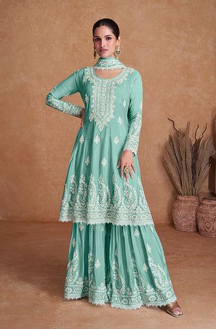 Pale Mustard Designer Embroidered Heavy Chinon Party Wear Sharara Suit