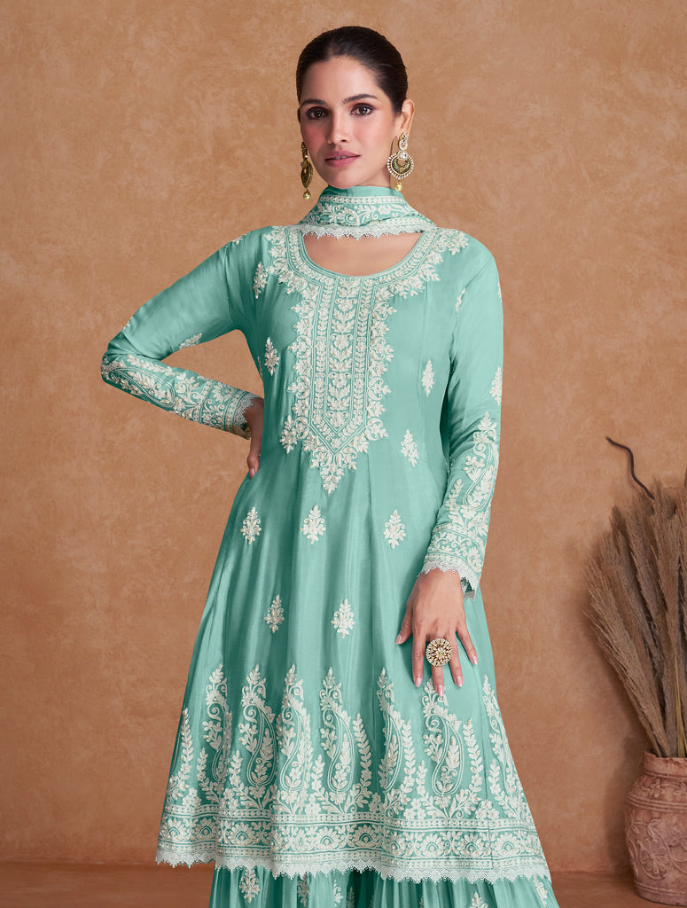 Light Sea Green Designer Embroidered Party Wear Sharara Suit-Saira's Boutique