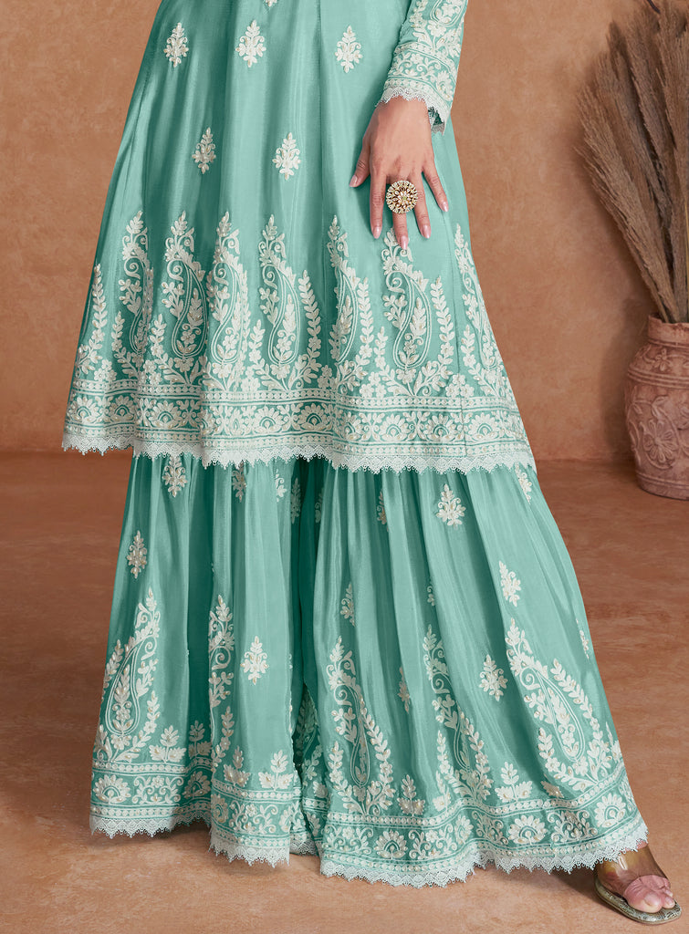 Light Sea Green Designer Embroidered Party Wear Sharara Suit-Saira's Boutique