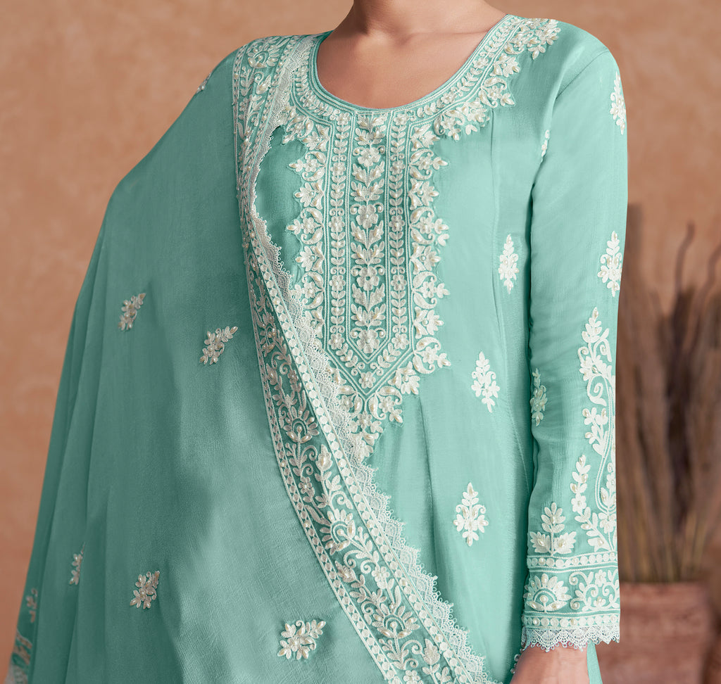 Light Sea Green Designer Embroidered Party Wear Sharara Suit-Saira's Boutique